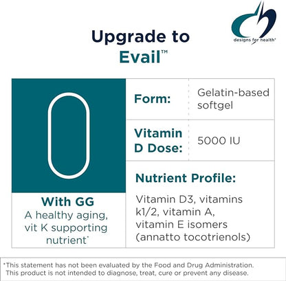 Designs for Health ADK Evail - 5000 IU VIT D3 with Vitamins A, E (Annatto Gamma Delta Tocotrienols), K (K1 + K2) - Fat Soluble Vitamin D Complex - Bone + Immune Support - Non-GMO (60 Softgels)