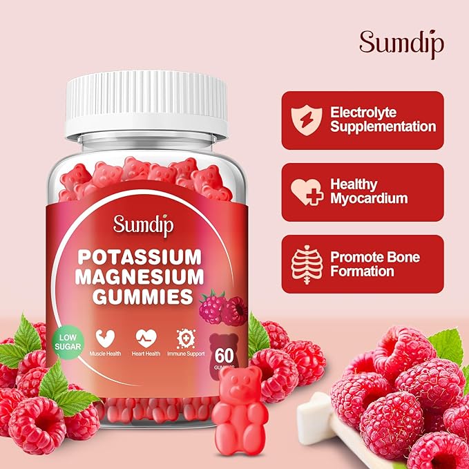 Potassium Magnesium Gummies Potassium Supplements High Absorption Potassium Citrate Magnesium Citrate, Support Leg Cramps Muscle Relaxation for Men and Women 60 Gummies, Raspberry