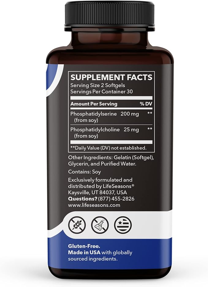 LifeSeasons Essentials Phosphatidylserine - Brain Health Supplement - Supports Memory, Emotional Balance & Endurance - Boosts Cognitive Function & Improves Athletic Performance - 200mg per 2 Softgels