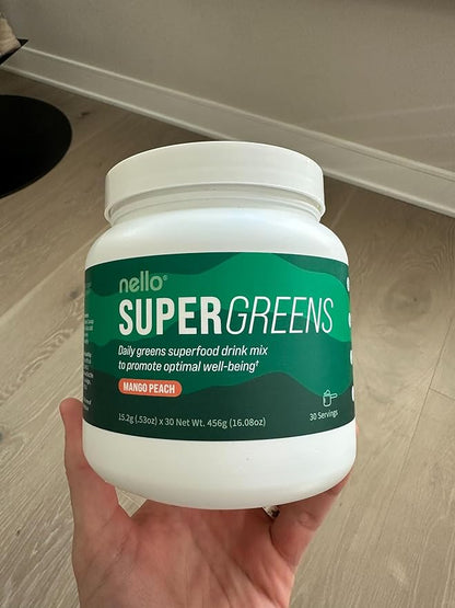 Nello Supergreens - Premium Superfood Greens Drink Mix with Chlorella, Moringa,Spinach, & Broccoli + Digestive Enzymes & Probiotic Blend -Nutrient-Packed Powder for Wellness (Mango Peach, 30 SRV)