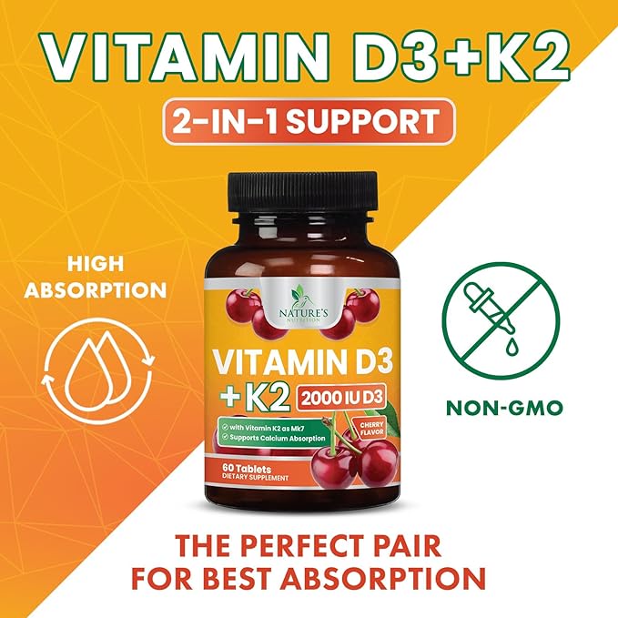 Vitamin D3 K2 as MK-7 with 2000iu of D3 & 75mcg K2, Vitamin K2 D3 Bone Strength Supplements Support Calcium Absorbtion for Teeth & Bone Health + Muscle & Immune Health Support - 60 Chewable Tablets