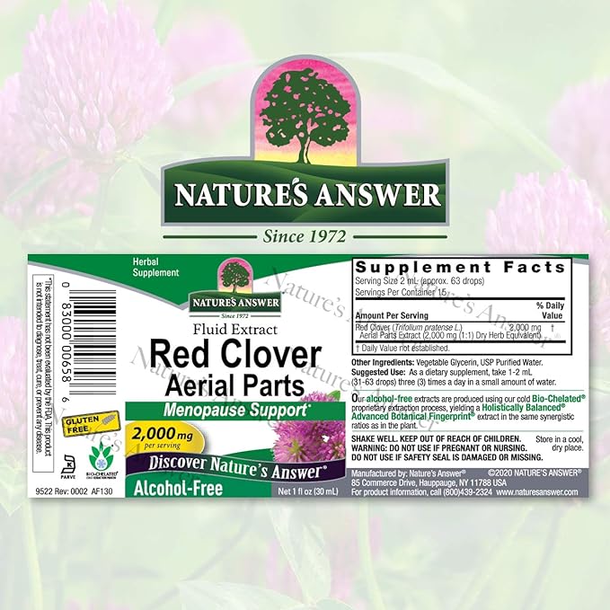 Nature's Answer Alcohol-Free Red Clover Extract Supplement, 1-Fluid Ounce | Natural Mood Support | Hormone Balance for Women | Menopausal Support