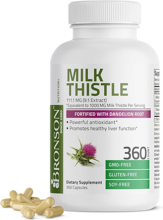 Bronson Milk Thistle Silymarin Marianum & Dandelion Root Liver Health Support, Antioxidant Support, Detox, 360 Capsules