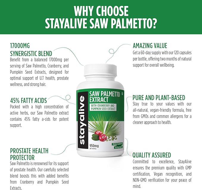 StayAlive Saw Palmetto Extract Capsules, Equivalent to 17000MG, Blend with Cranberry & Pumpkin Seed, 120 Vegan Pills for U.T, Prostate & Wellness Support