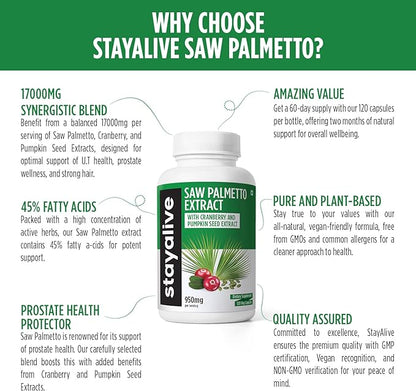 StayAlive Saw Palmetto Extract Capsules, Equivalent to 17000MG, Blend with Cranberry & Pumpkin Seed, 120 Vegan Pills for U.T, Prostate & Wellness Support