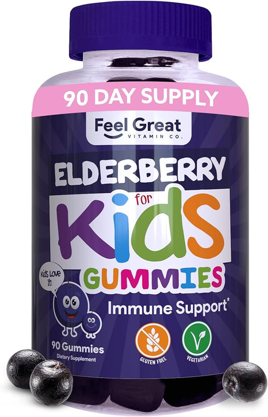 Feel Great Kids Elderberry Gummies with Zinc and Vitamin C | Kids Immune Support Sambucus Elderberry Gummies | Berry Flavored Vegan Kids Multivitamins | 90 Day Supply