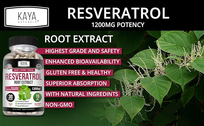 Kaya Naturals - Resveratrol Capsules - Anti Aging Supplement - Antioxidants with Brain Support - Maximum Benefits - 30 Veggies Capsules