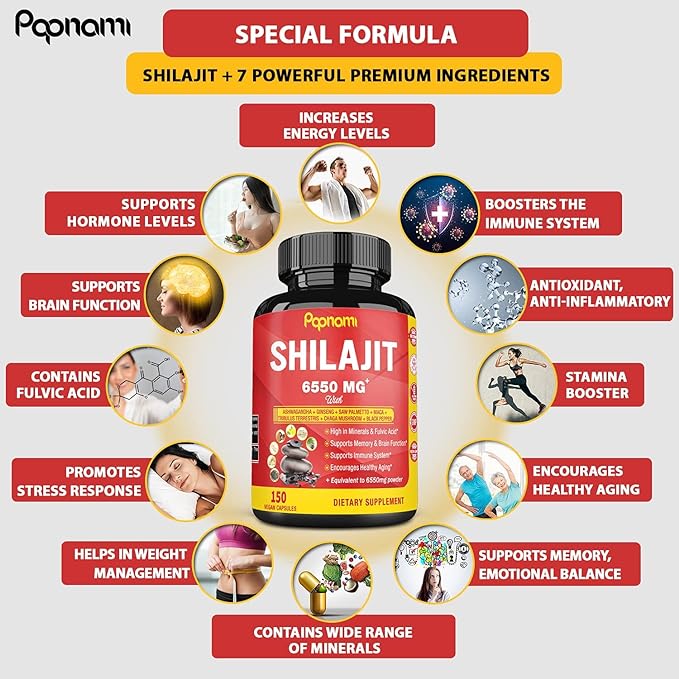 Shilajit Himalayan Supplement - 6550mg 150 Capsules Combined Ashwagandha, Ginseng, Saw Palmetto, Maca, Tribulus, Chaga & Black Pepper - 5 Month Supply for Strength, Stamina, Brain & Immune Health