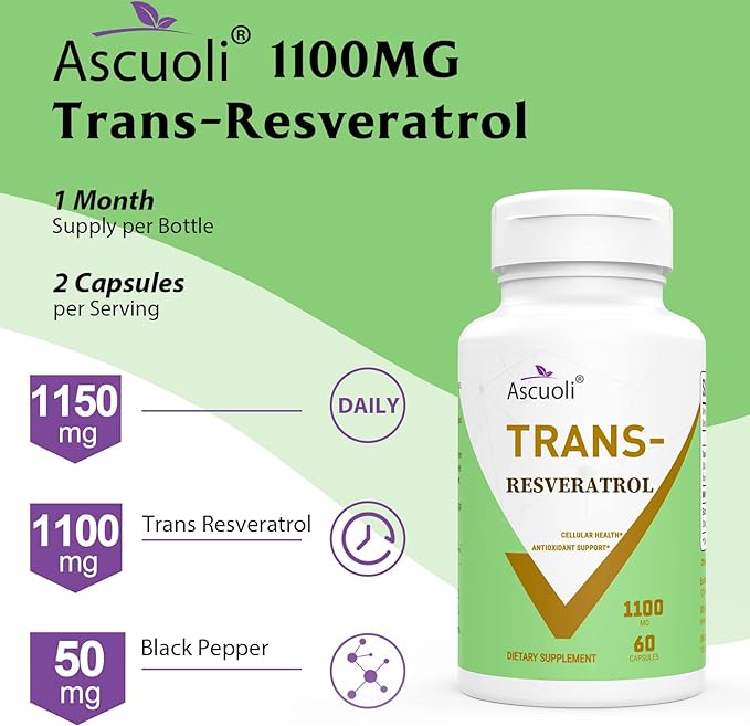 99% Ultra Purity Ascuoli Trans-Resveratrol 1100mg, 3-in-1 Advanced Formula Organic Resveratrol Supplement, Max Antioxidant Anti-Aging, Skin Health, Cell Repair Boost NAD+, Immune & Energy, 120 Capsule