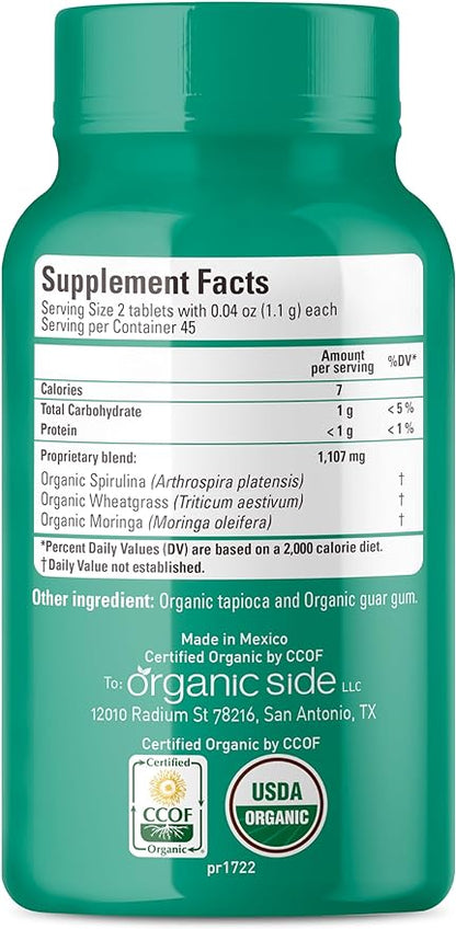 Organic Greens (Spirulina, Wheatgrass & Moringa) 90 Tablets - Rich in Vitamins and Minerals - Super Greens 1100 mg - Certified USDA - Non GMO - Vegan