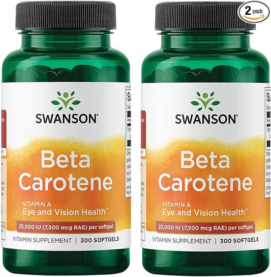 Swanson Beta-Carotene Vitamin A 25000 IU Softgels - Skin, Eye, and Immune System Health - Antioxidant Support - 7500 mcg (300 Softgels) (2 Pack)