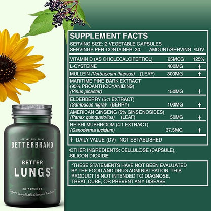 Betterbrand BetterLungs Daily Respiratory Health Supplement (60 Capsules) | with Vitamin D, Elderberry, Ginseng, Mullein, and Reishi Mushroom | for Lung Health and Allergy Relief (Pack of 2)