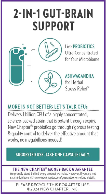 New Chapter All-Flora™ Probiotic De-Stress Formula with Clinical-Strength Ashwagandha - Dual-Action Probiotics for Digestive Health + Herbal Stress Relief Supplement*, 30 ct