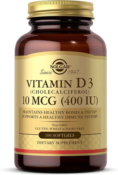 SOLGAR Vitamin D3 (Cholecalciferol) 250 MCG (10,000 IU), 100 Softgels - Helps Maintain Bones & Teeth - Immune System Support - Non-GMO, Gluten Free, Dairy Free - 100 Servings