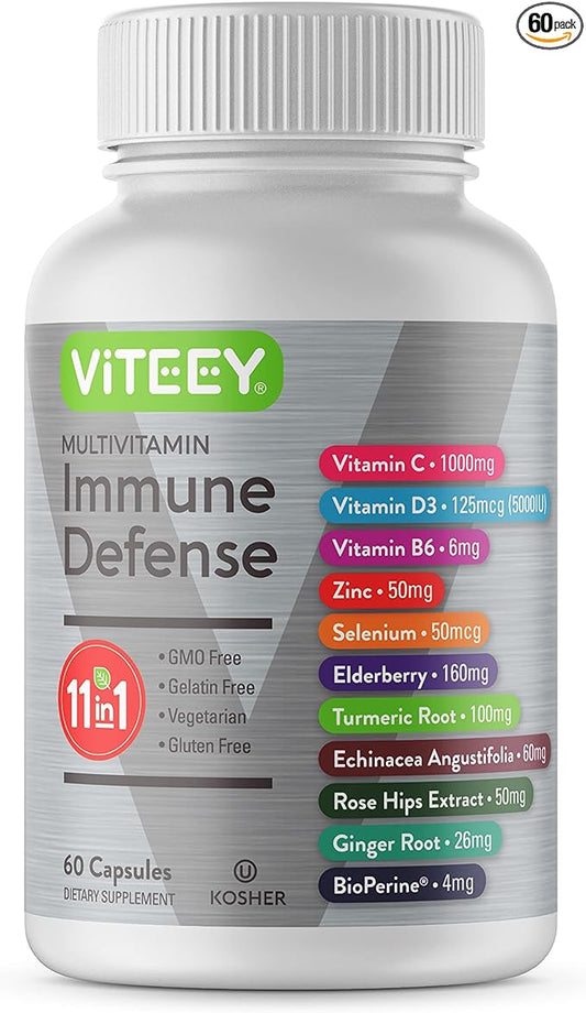 11 in 1 Multivitamin Immune Defense Supplement - Immune Booster Capsules for Adults - Vitamin C, Vitamin D3, Vitamin B6, Zinc, Elderberry, Echinacea, Turmeric, Rose-HIPS, Selenium, BioPerine, Ginger