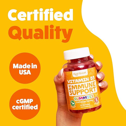 Feel Great Vitamin D Gummies for Adults | Tropical Flavored Vegetarian Chewable Vitamin D 2000 iu | Immune Support Supplement | Gluten Free | 45 Day Supply