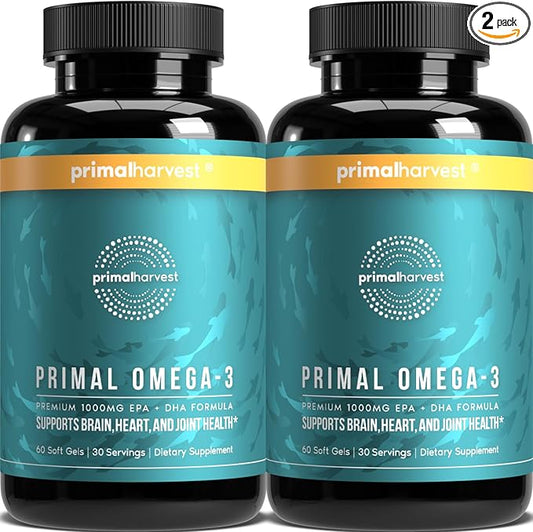 Primal Harvest Omega 3 Fish Oil Supplements, 30 Servings Soft Gels Capsules w/ 1000mg EPA + DHA Supplements, No Fishy Burps Non-GMO Omega 3 Fatty Acid, 2 Pack