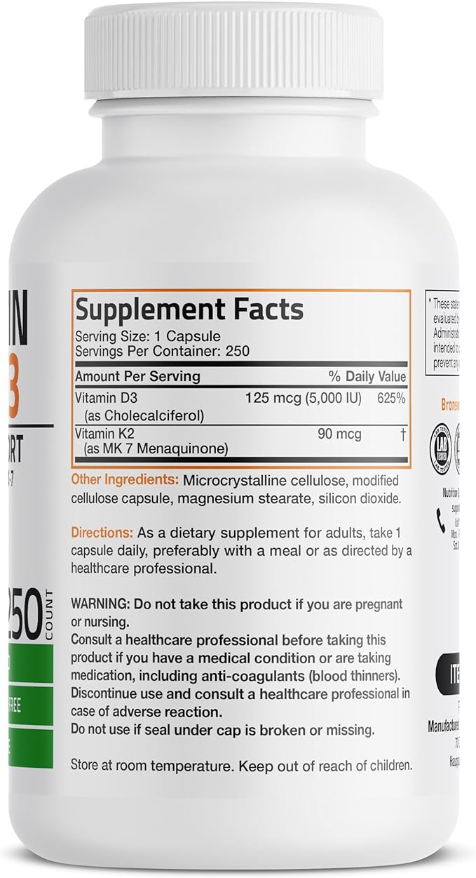 Bronson Vitamin K2 (MK7) with D3 Supplement Bone and Heart Health Non-GMO Formula 5000 IU Vitamin D3 & 90 mcg Vitamin K2 MK-7 Easy to Swallow Vitamin D & K Complex, 250 Capsules