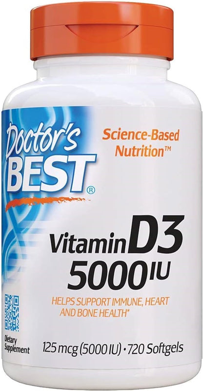 Doctor'S Best Vitamin D3, Capsule 5, 000 Iu for Healthy Bones, Teeth, Heart & Immune Support, Non-GMO, Gluten-Free, Soy Free, 720 Count (Pack of 1)