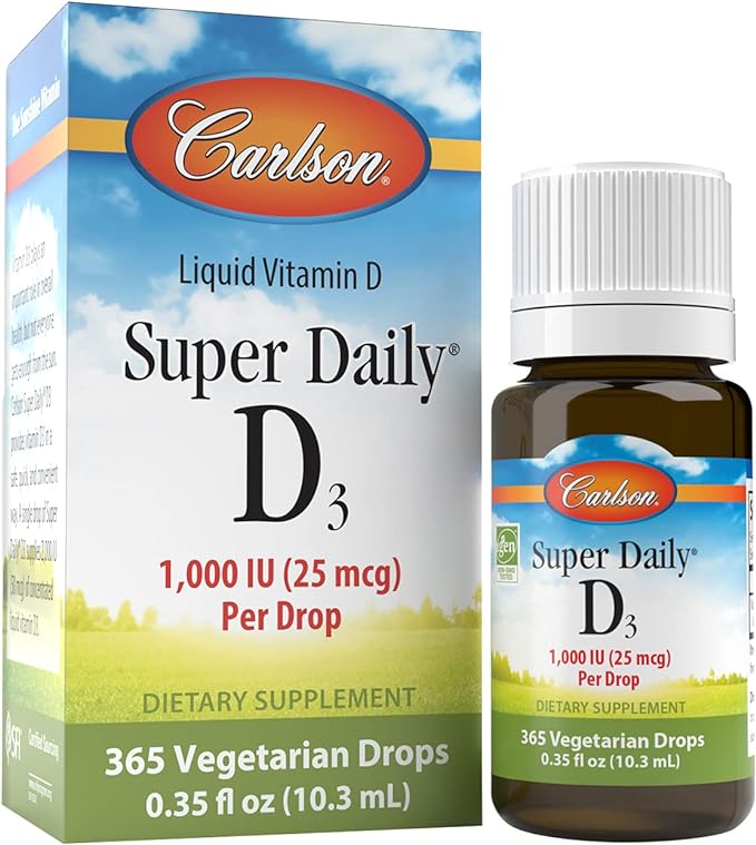 Carlson - Super Daily D3, Vitamin D Drops, 1,000 IU (25 mcg) per Drop, 1-Year Supply, Vitamin D3 Liquid, Heart & Immune Health, Vegetarian, Liquid Vitamin D3 Drops, Unflavored, 365 Drops