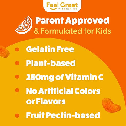 Feel Great Vitamin C Gummies for Kids | Chewable Orange Flavored Gluten Free & Vegetarian Gummies| Immune Support for Kids | 250 MG Kids Vitamin C | 45 Day Supply