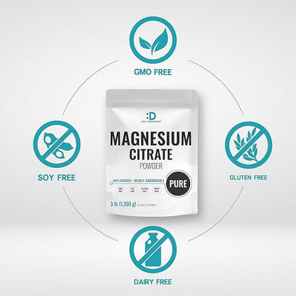 DEAL SUPPLEMENT Magnesium Citrate Powder 500mg, 3lbs – Unflavored, Easily Absorbed – Purified Trace Mineral for Muscle, Heart, & Digestive Support – One a Day, Non-GMO, Filler Free