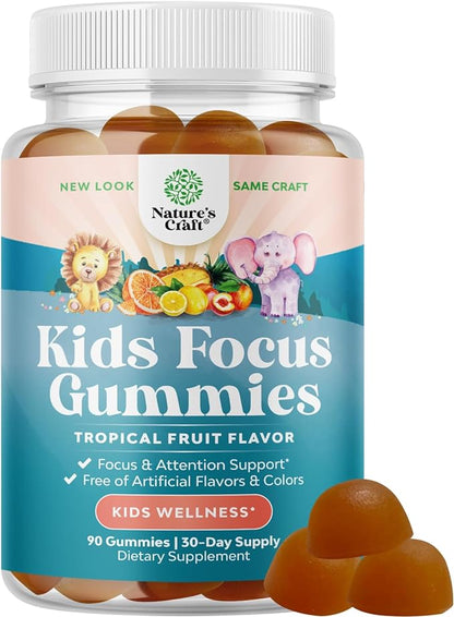 Vegan Brain Focus Gummies for Kids - Kids Focus Supplement with Phosphatidylserine Bacopa Monnieri Green Tea Extract Tyrosine and More Focus Vitamins for Kids Balanced Concentration Energy and Focus