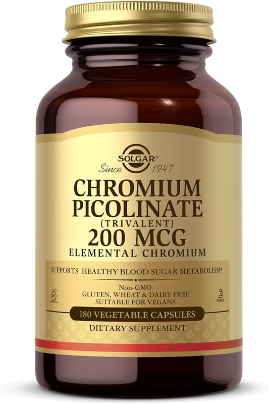 Solgar Chromium Picolinate 200 mcg, 180 Vegetable Capsules - Supports Healthy Blood Sugar Metabolism - Non-GMO, Vegan, Gluten Free, Dairy Free, Kosher - 180 Servings