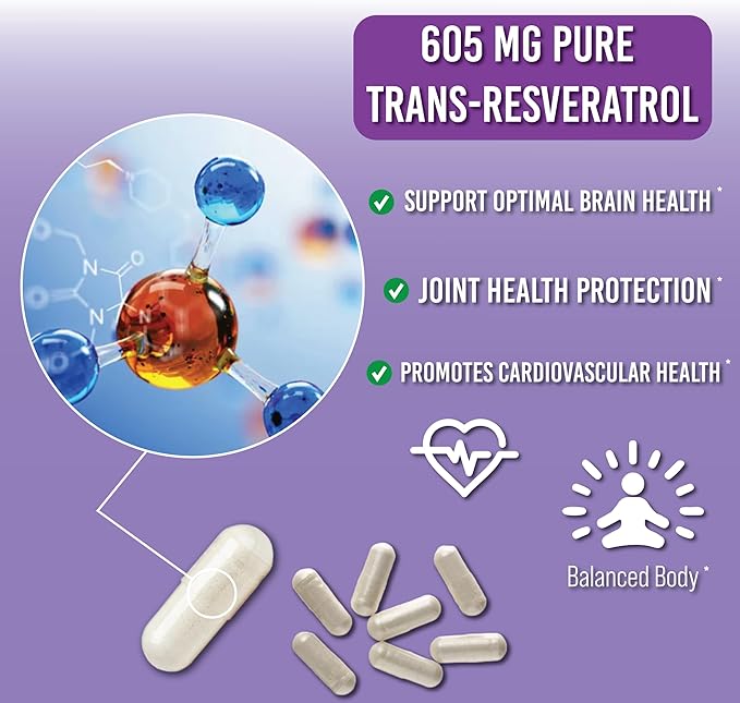 Resveratrol Purity+ Capsules - 98% Trans-Resveratrol - Highly Potent & Purified - 60 Capsules Resveratrol Supplements