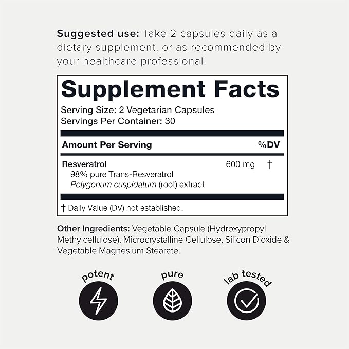 Toniiq Ultra High Purity Resveratrol Capsules - 98% Trans-Resveratrol - Highly Purified and Bioavailable - 60 Caps Reservatrol Supplement