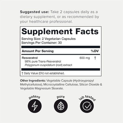 Toniiq Ultra High Purity Resveratrol Capsules - 98% Trans-Resveratrol - Highly Purified and Bioavailable - 60 Caps Reservatrol Supplement