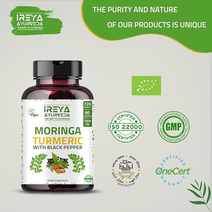 Organic Moringa Oleifera Powder & Turmeric Root Powder with Blackpepper 120 Capsules | Made with Organic Moringa, Turmeric and Black Pepper | Vegan, Gluten-Free and Non-GMO.