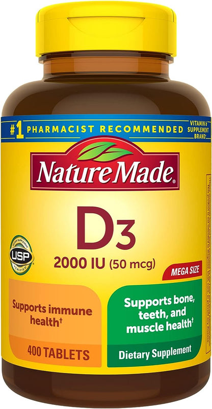 Nature Made Vitamin D3 2000 IU (50 mcg), Dietary Supplement for Bone, Teeth, Muscle and Immune Health Support, 400 Tablets, 400 Day Supply