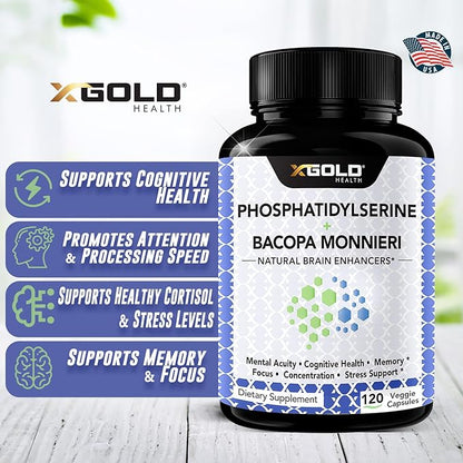 PhosphatidylSerine & Bacopa Monnieri 400 mg 2 in 1 Supplement - Natural Brain Enhancer/Nootropic for Enhanced Focus and Concentration, Memory Support, & Cognitive Function - 120 Vegetarian Capsules