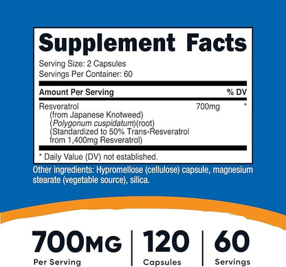 Nutricost Resveratrol 700mg; 120 Vegetable Capsules - 50% Trans-Resveratrol (3 Bottles)