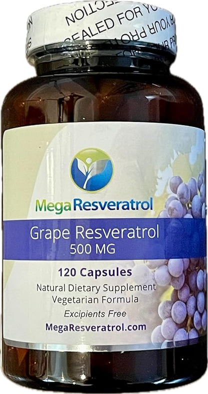 Mega Resveratrol Red Grape Skin, Piceid Resveratrol, Water-Soluble/High Absorption/Boosts Nitric Oxide. 500mg per Capsule. Purity Certified. NO Toxic “inactive” Ingredients. Keto, Vegan, Non-GMO.