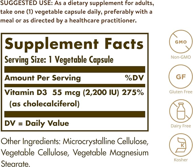 Solgar Vitamin D3 (Cholecalciferol) 55 mcg (2200 IU), 100 Vegetable Capsules - Helps Maintain Healthy Bones & Teeth - Immune System Support - Non-GMO, Gluten Free, Dairy Free, Kosher - 100 Servings