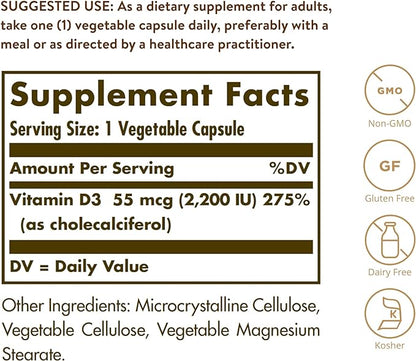 Solgar Vitamin D3 (Cholecalciferol) 55 mcg (2200 IU), 100 Vegetable Capsules - Helps Maintain Healthy Bones & Teeth - Immune System Support - Non-GMO, Gluten Free, Dairy Free, Kosher - 100 Servings