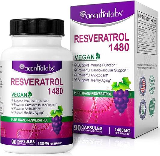 Resveratrol 1,480MG with Quercetin 90 Capsules - Vegan Trans-Resveratrol Antioxidants for Healthy Aging, Immune System, Cardiovascular & Joint Support - Improving Fatigue, Memory and Brain Function