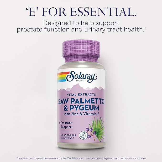 SOLARAY Saw Palmetto and Pygeum - Saw Palmetto for Men w/Pygeum Bark, Zinc, Vitamin E, Pumpkin Seed Oil - Prostate Supplements for Men w/Beta Sitosterol - 60-Day Guarantee - 30 Servings, 30 Softgels