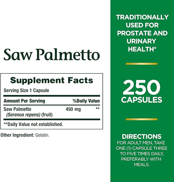 Nature's Bounty Saw Palmetto Support for Prostate and Urinary Health, Herbal Health Supplement, 450mg, 250 Capsules