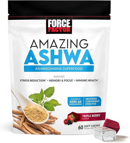 Force Factor Amazing Ashwa for Stress Relief, Memory, Focus, and Immune Support Health, Ashwaganda Supplement with KSM-66 Ashwagandha for Stress, 60 Soft Chews