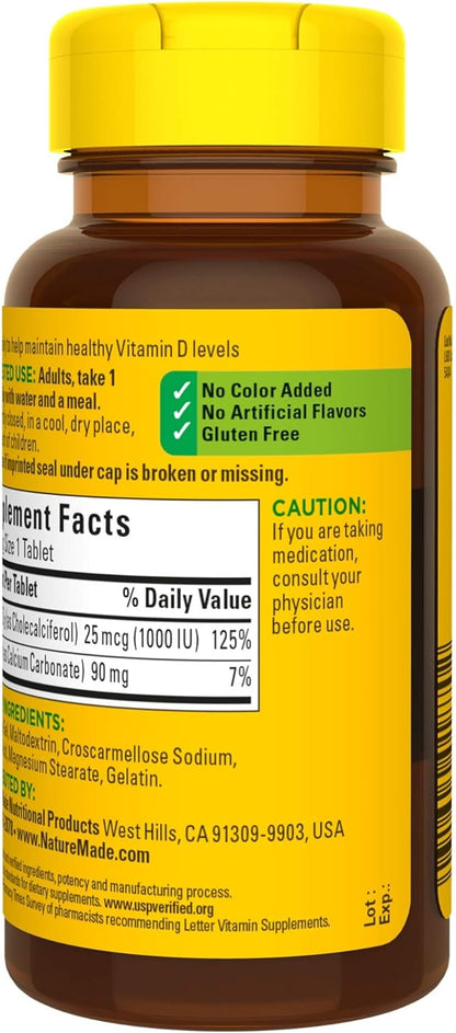 Nature Made Vitamin D3, 100 Tablets, Vitamin D 1000 IU (25 mcg) Helps Support Immune Health, Strong Bones and Teeth, & Muscle Function, 125% of the Daily Value for Vitamin D in One Daily Tablet