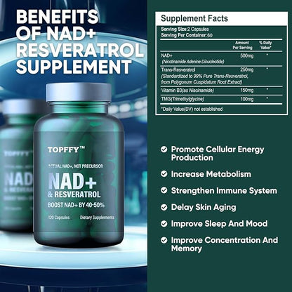 Topffy NAD+ & Resveratrol Supplement, NAD+ Boosting Supplement for Max Absorption for Support Cellular Energy, Aging Defense, 120 Softgels