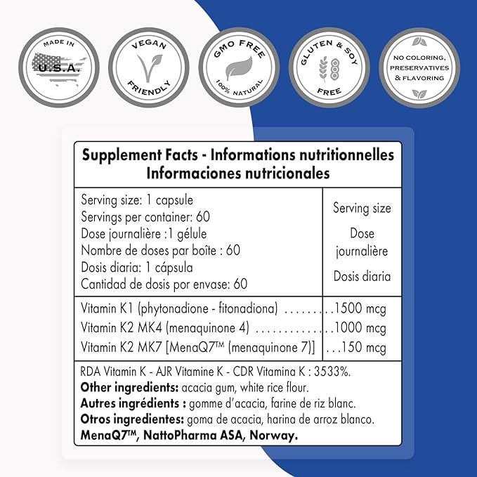 Supersmart - Complete K - with K1, K2 (MK4 + MK7) - Full Spectrum Vitamin K Supplement | Non-GMO & Gluten Free - 60 Vegetarian Capsules