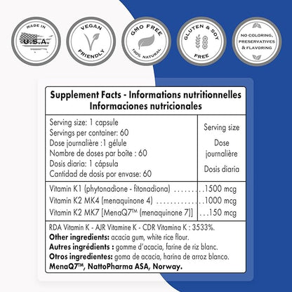 Supersmart - Complete K - with K1, K2 (MK4 + MK7) - Full Spectrum Vitamin K Supplement | Non-GMO & Gluten Free - 60 Vegetarian Capsules