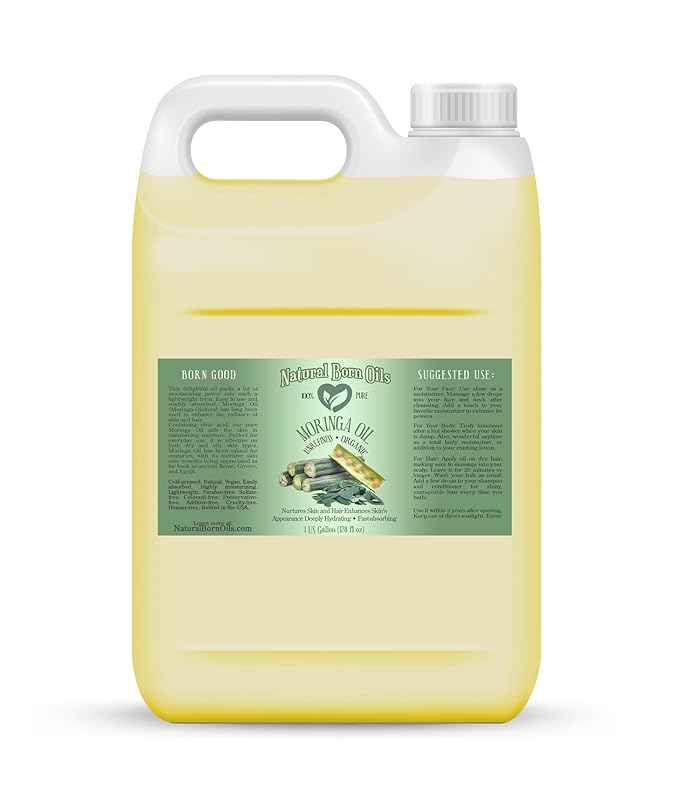 Natural Born Oils Moringa Oil, 1 Gallon, Organic, Cold-Pressed, Nutrient-Rich, Excellent for Soft Skin, Healthy Hair