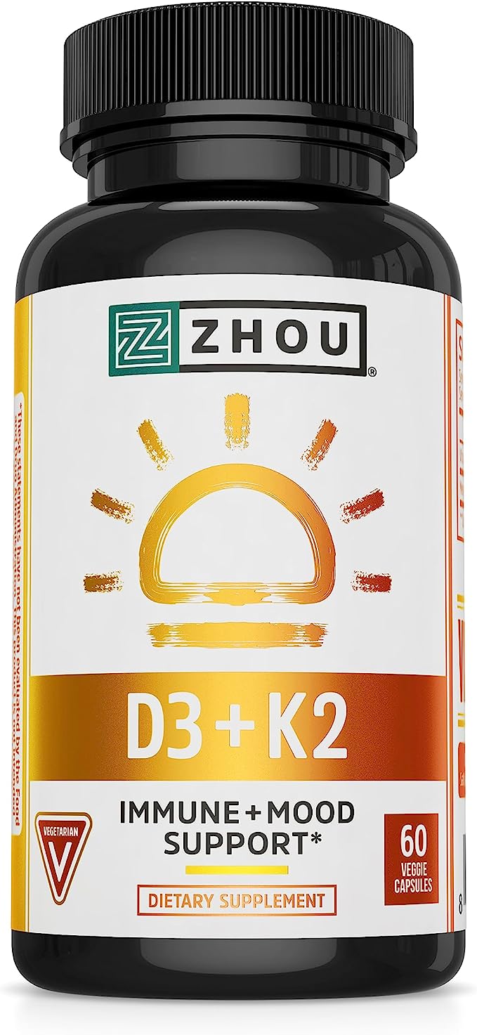 Zhou Nutrition Vitamin D3 K2, Bone and Heart Health Formula 5000 IU Vitamin D3 & 90 mcg Vitamin K2, Max Strength 2 in 1 Immune Support and Calcium Absorption, Gluten Free, 60 Count