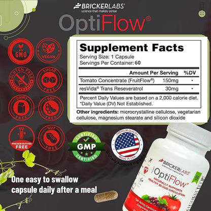 OptiFlow Blood Circulation Vitamins, Naturally Supports Healthy Blood Flow, Contains FruitFlow and resVida Trans resveratrol. Blood Optimizer Supplement 60 Capsules