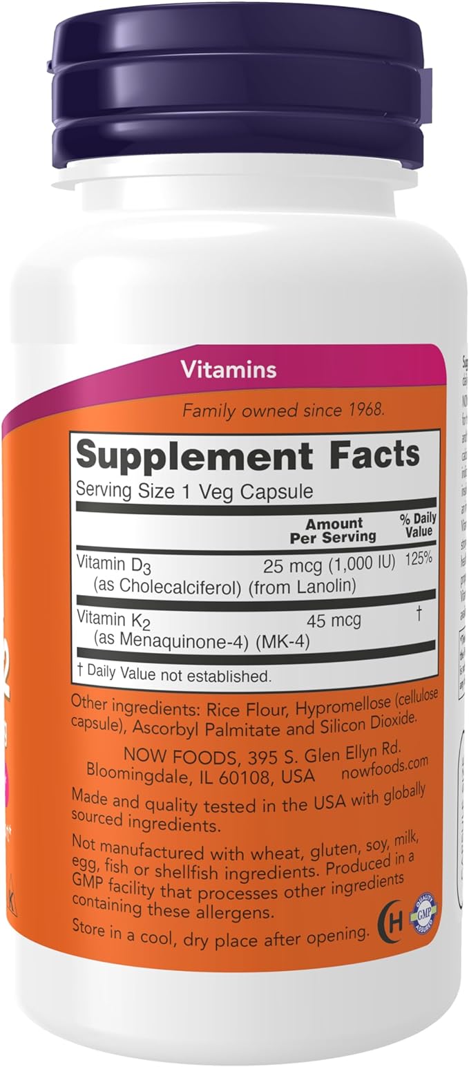 NOW Supplements, Vitamin D-3 & K-2, 1,000 IU/45 mcg, Plus Cardiovascular Support*, Supports Bone Health*, 120 Veg Capsules